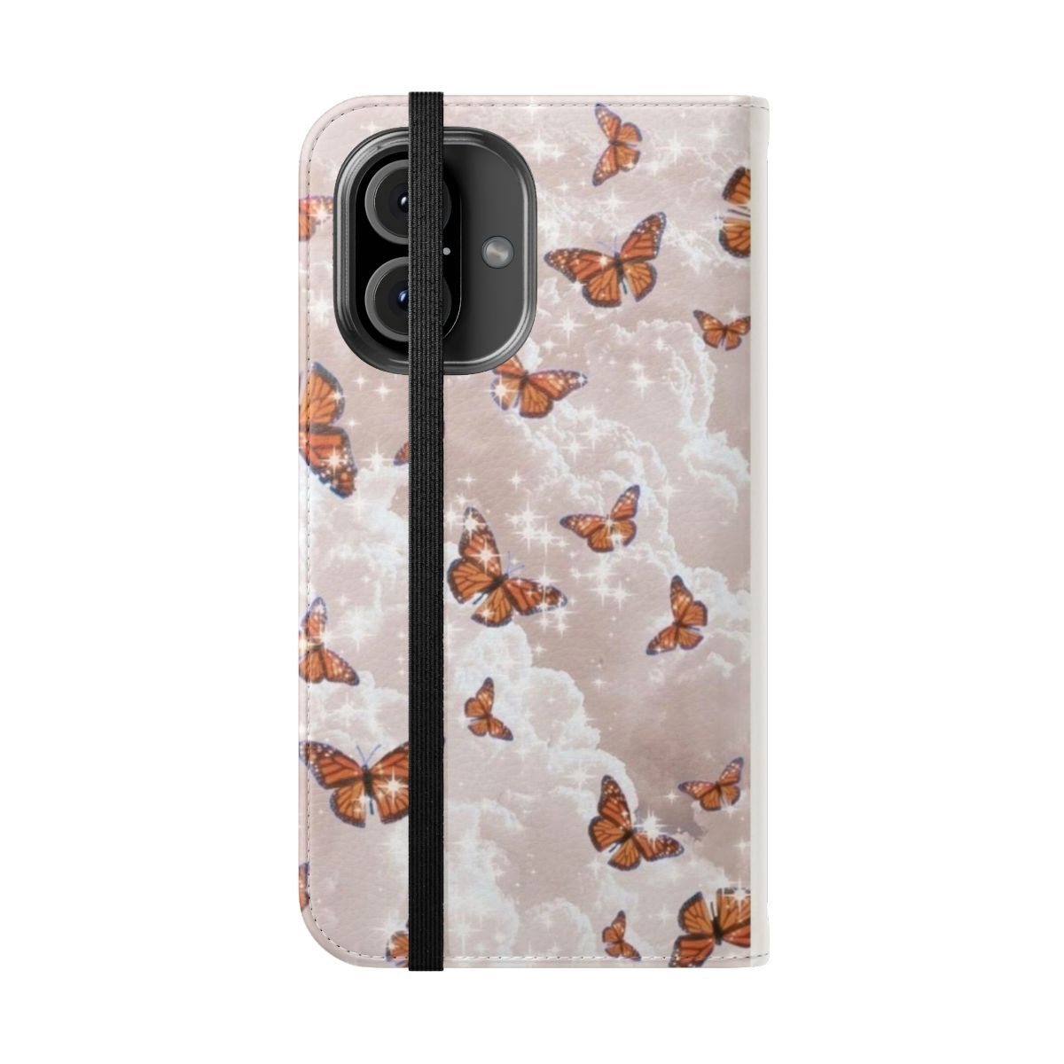 A stylish flip phone case featuring a design of aesthetic butterflies and clouds. - Folded Front