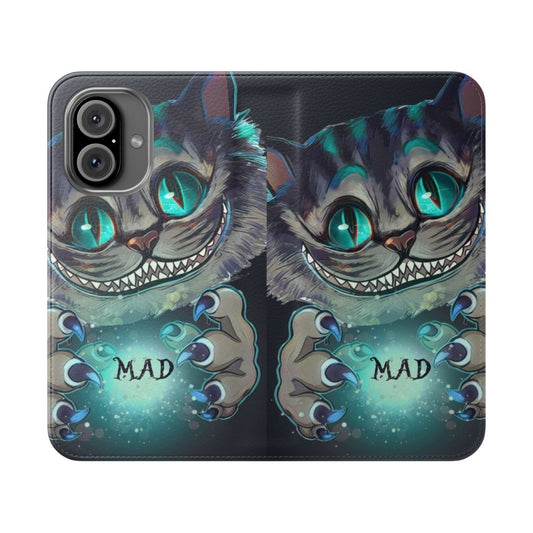 Whimsical flip cover phone case featuring the iconic Cheshire Cat from Alice in Wonderland