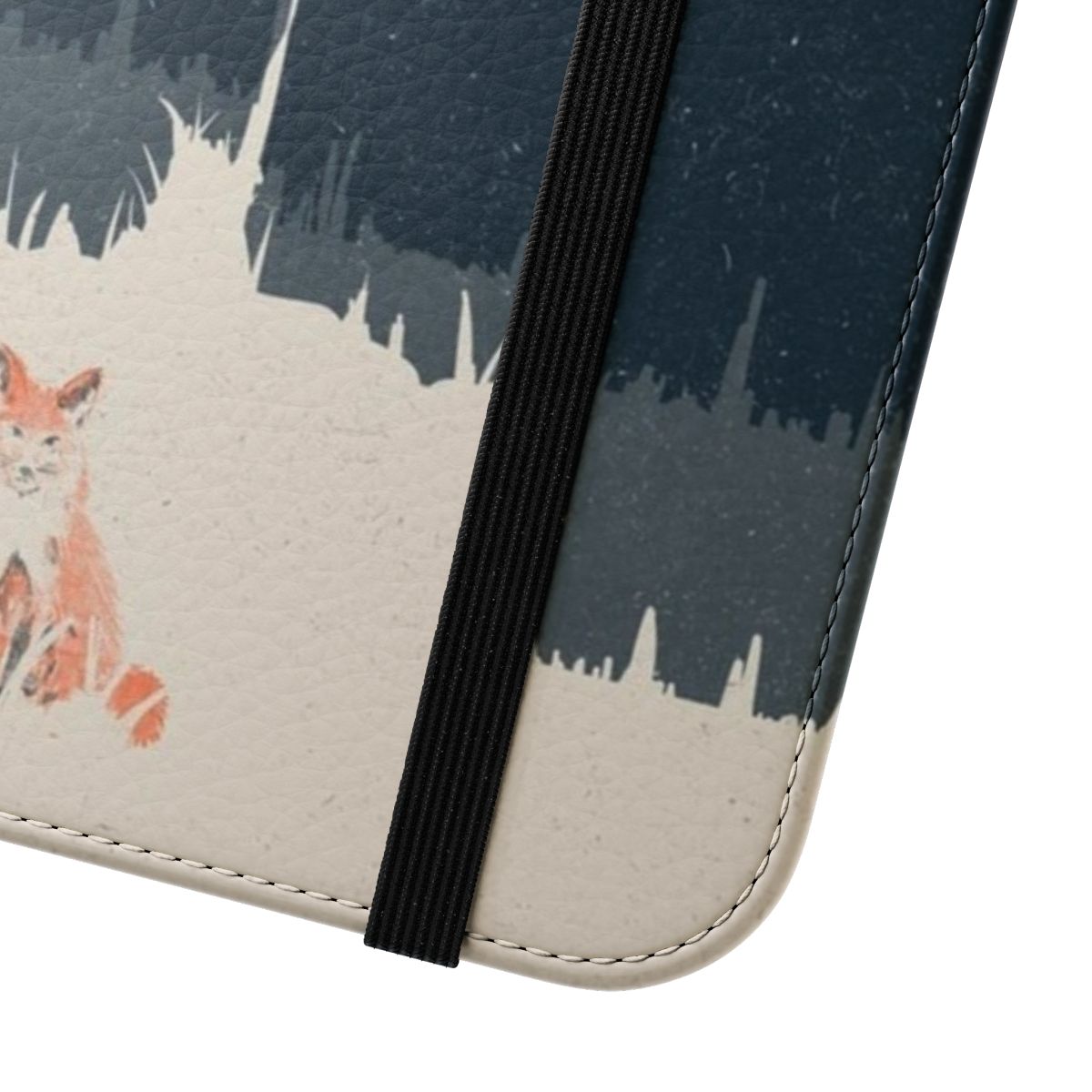 Close-up photo of a wild fox in a forest, with a phone case featuring the same design. - Close Up