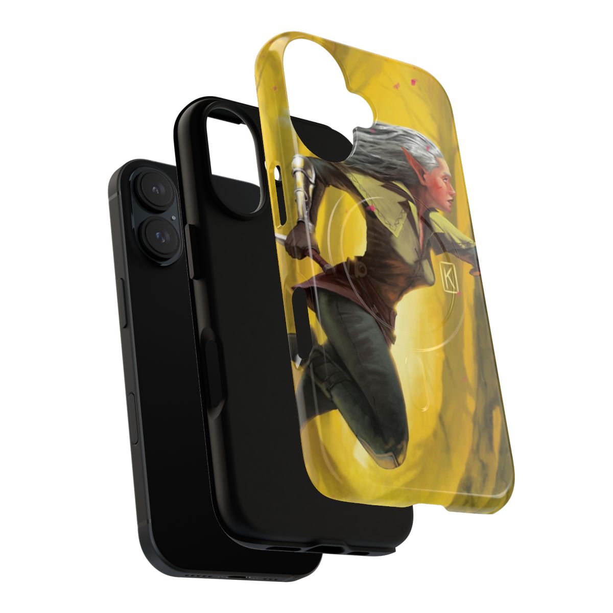 A tough, protective phone case featuring a rogue elf warrior with a blade, set against a fantasy background. - Layers