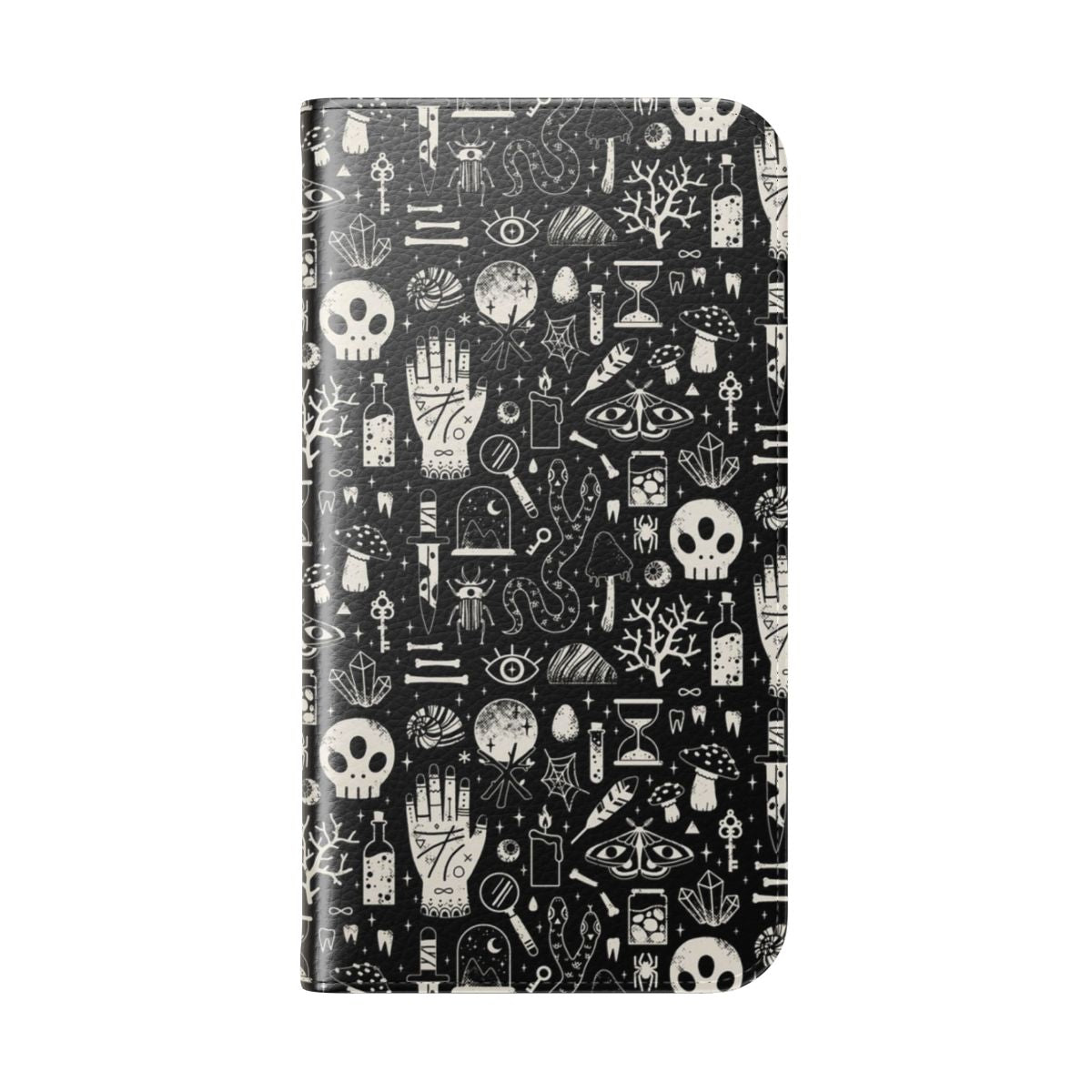 Bone Black Flip Cover Phone Case with Spooky Curiosities Motif - Folded Back