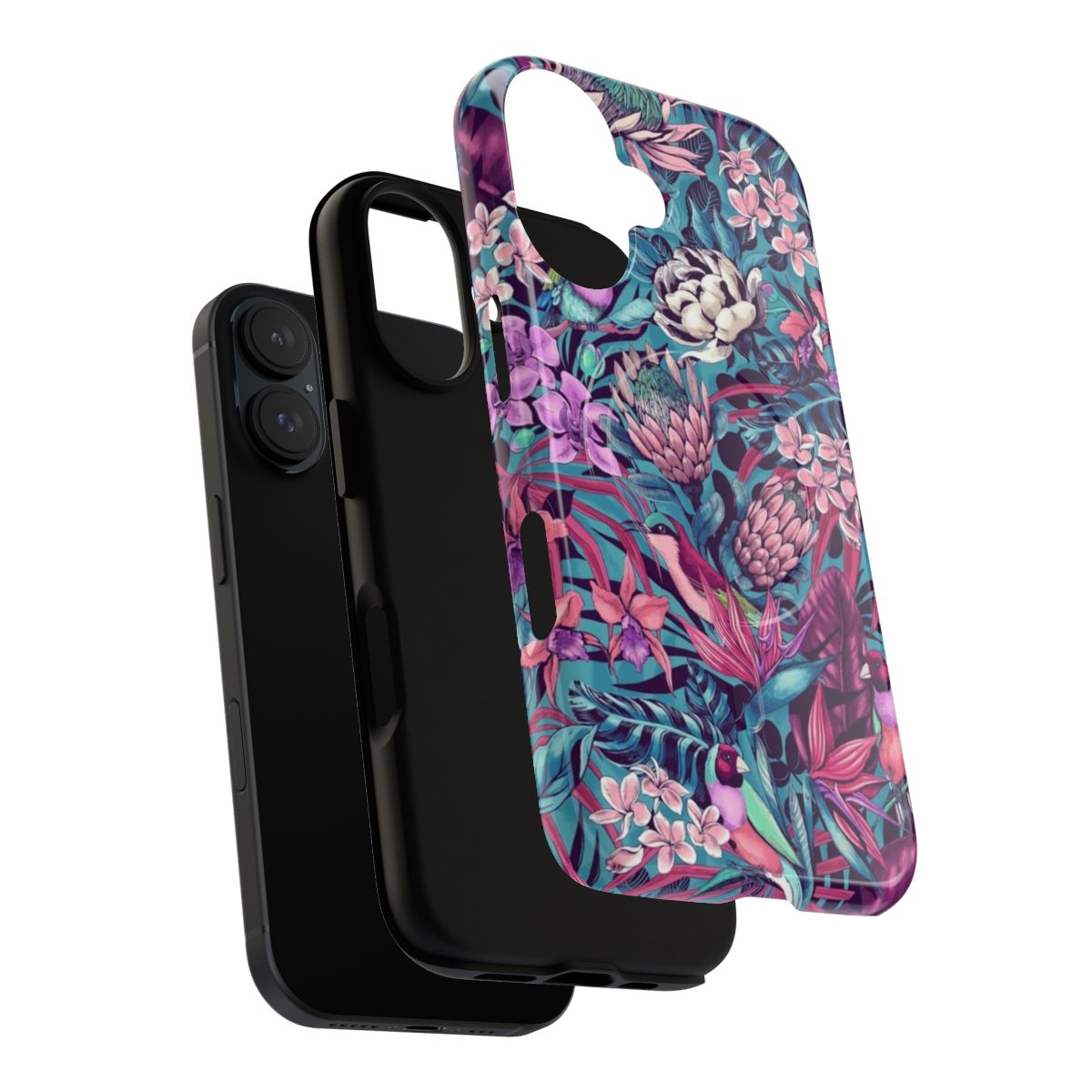 Vibrant and colorful phone case with a magnetic design, featuring tropical and exotic plant and animal motifs. - Layers