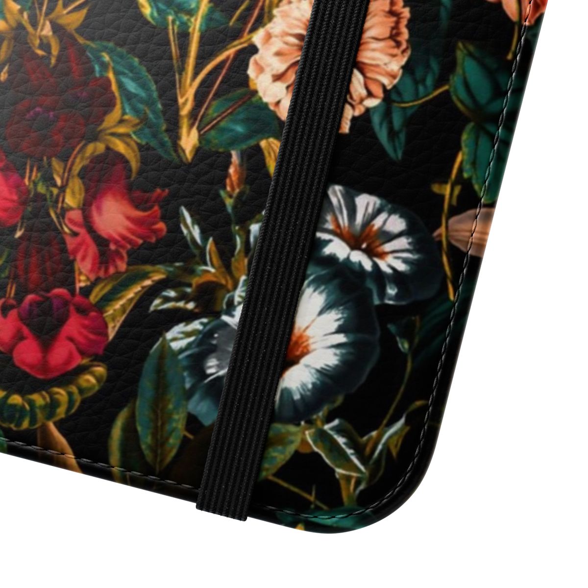 Vibrant floral and botanical pattern phone case with a night garden design - Close Up