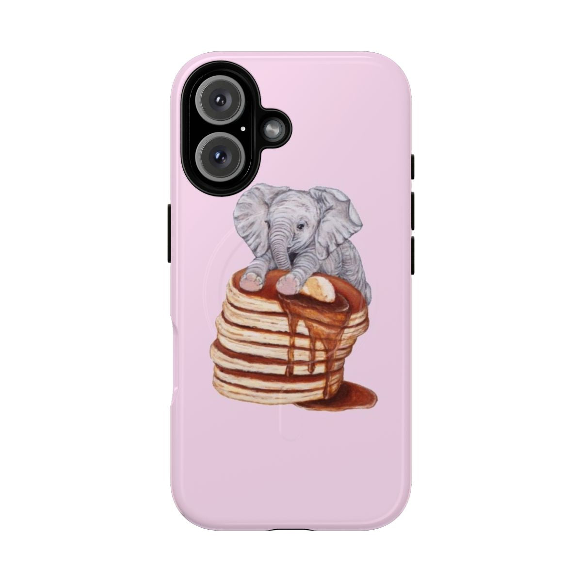 Whimsical illustration of a baby elephant enjoying a stack of pancakes