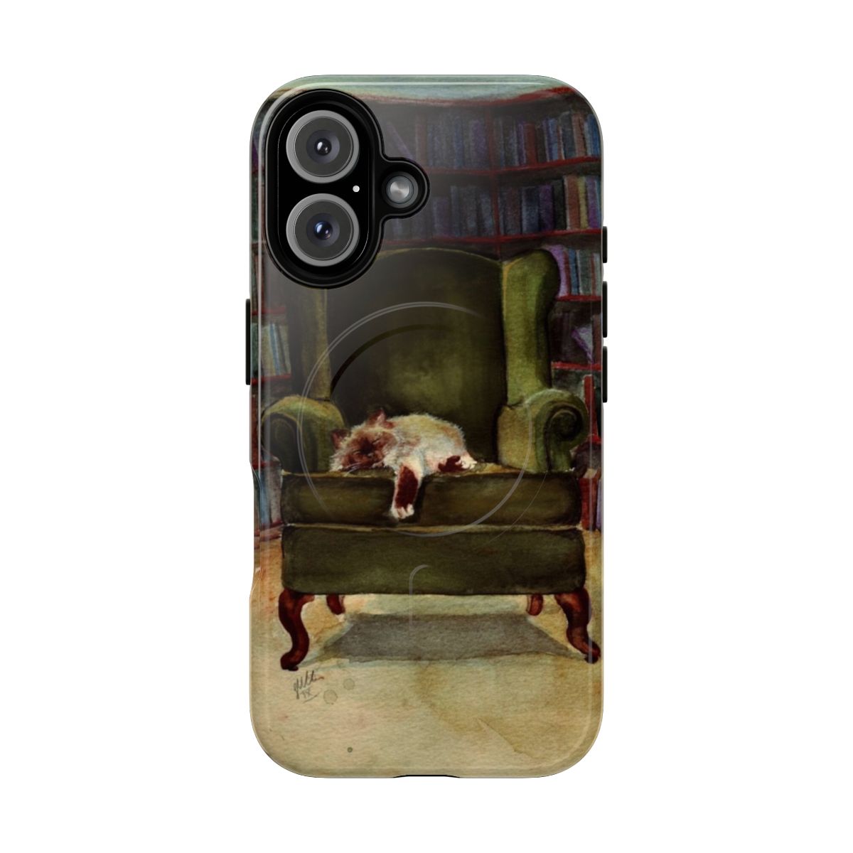 Image of a magnetic tough phone case featuring a cute sleeping cat in a vintage watercolor style