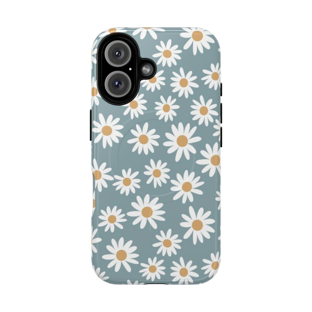 Blue and white daisy pattern on a floral phone case with a retro, vintage 70s style