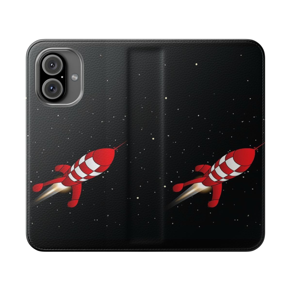 Rocket-themed flip cover phone case with Tintin rocket design