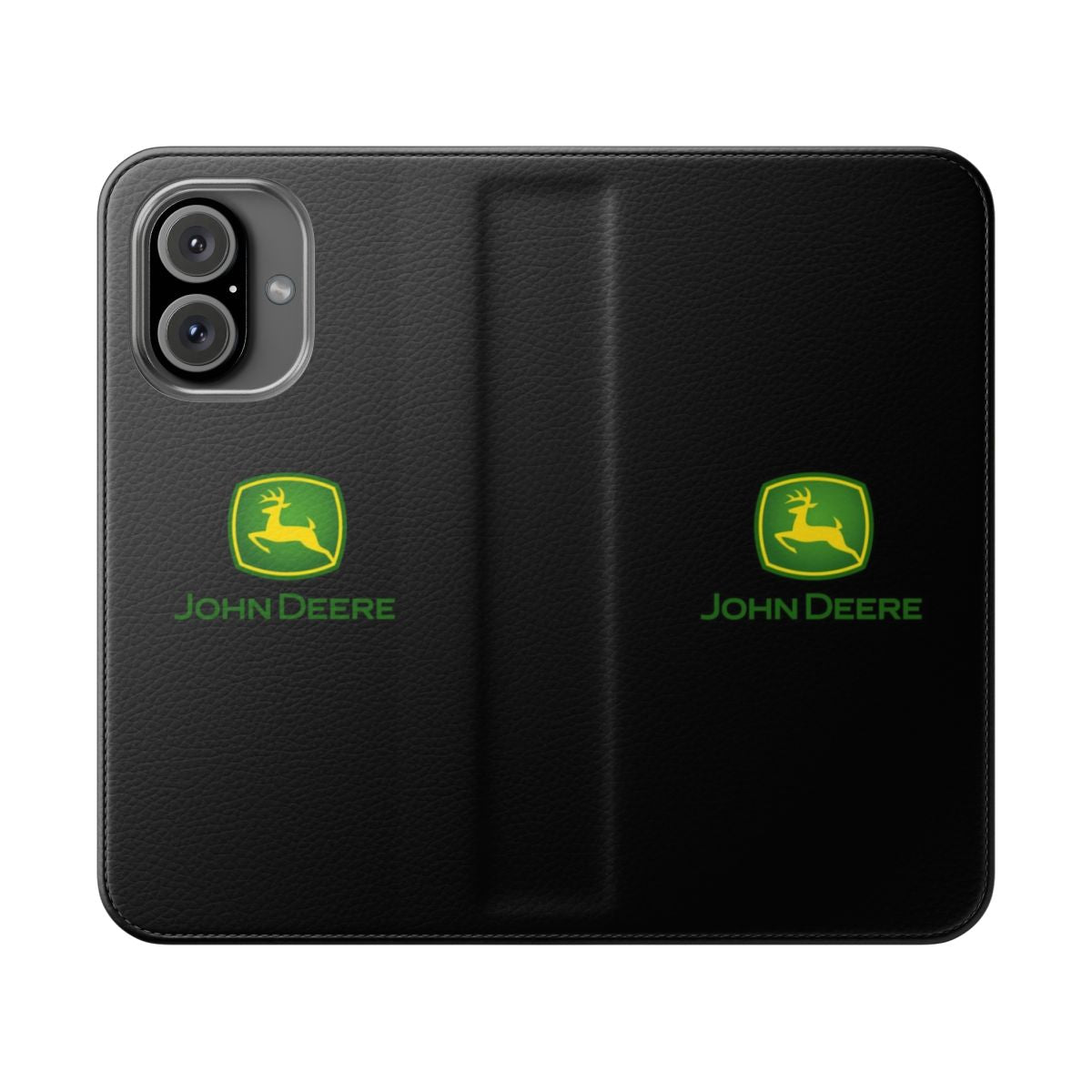 Flip cover phone case with a nature-inspired John Deere-style design