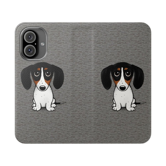 Cartoon illustration of a cute piebald dachshund dog on a flip cover phone case