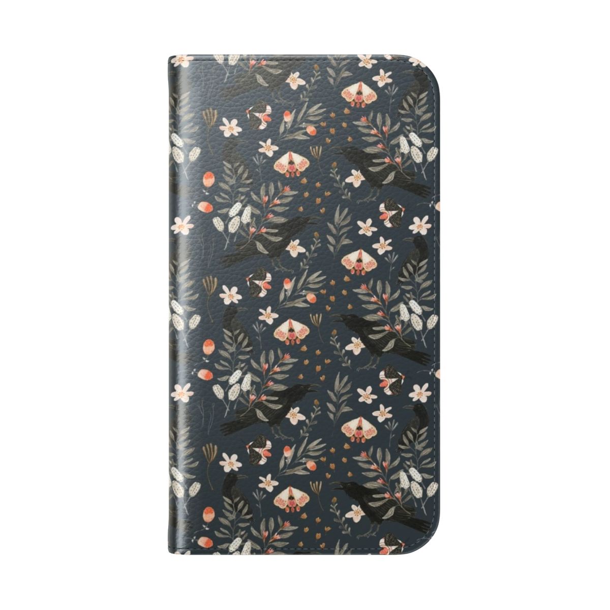 Black phone case with a floral and butterfly design - Folded Back