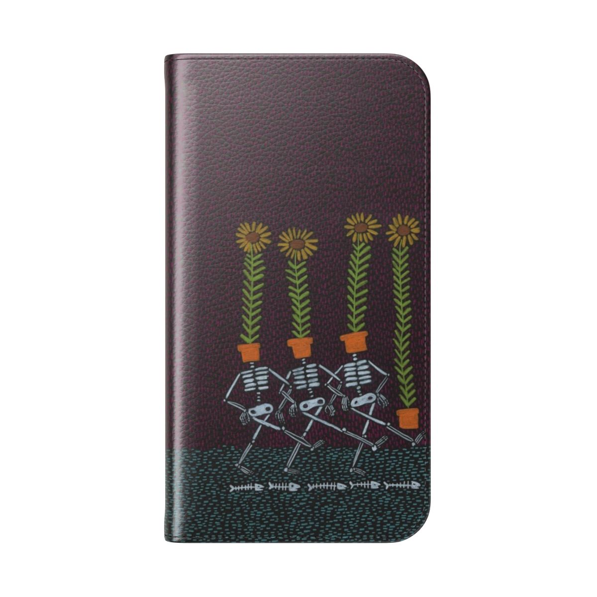 Colorful flip phone case featuring a detailed sunflower skeleton design - Folded Back