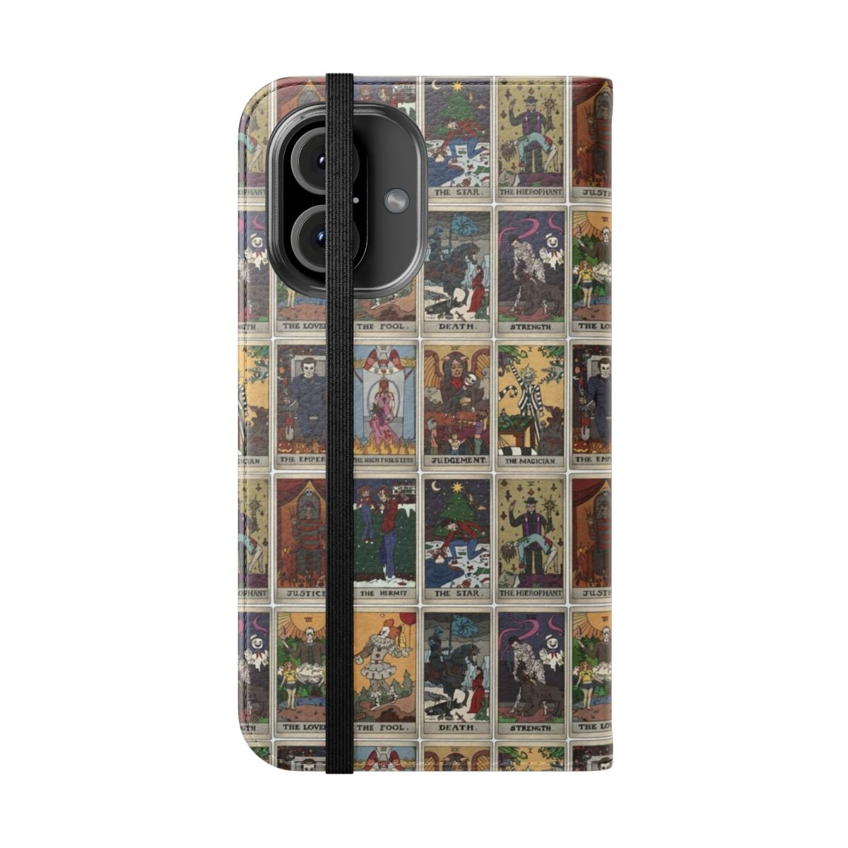 Flip phone case cover with horror tarot deck design - Folded Front