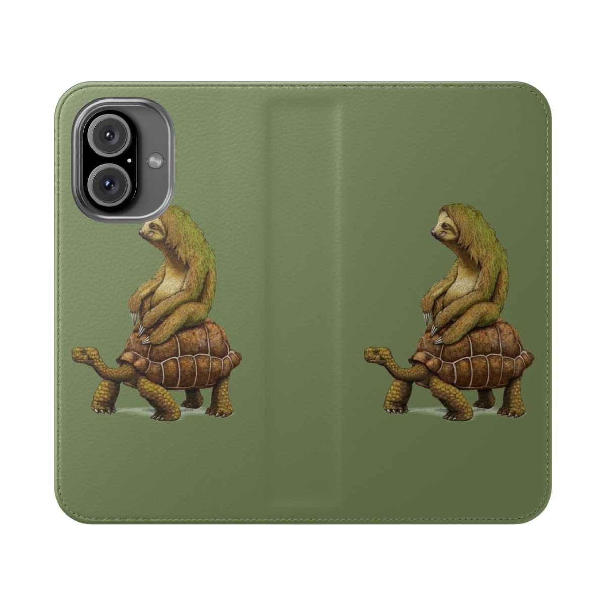 A flip cover phone case featuring a relaxed sloth riding a slow-moving turtle or tortoise in earth-toned colors.