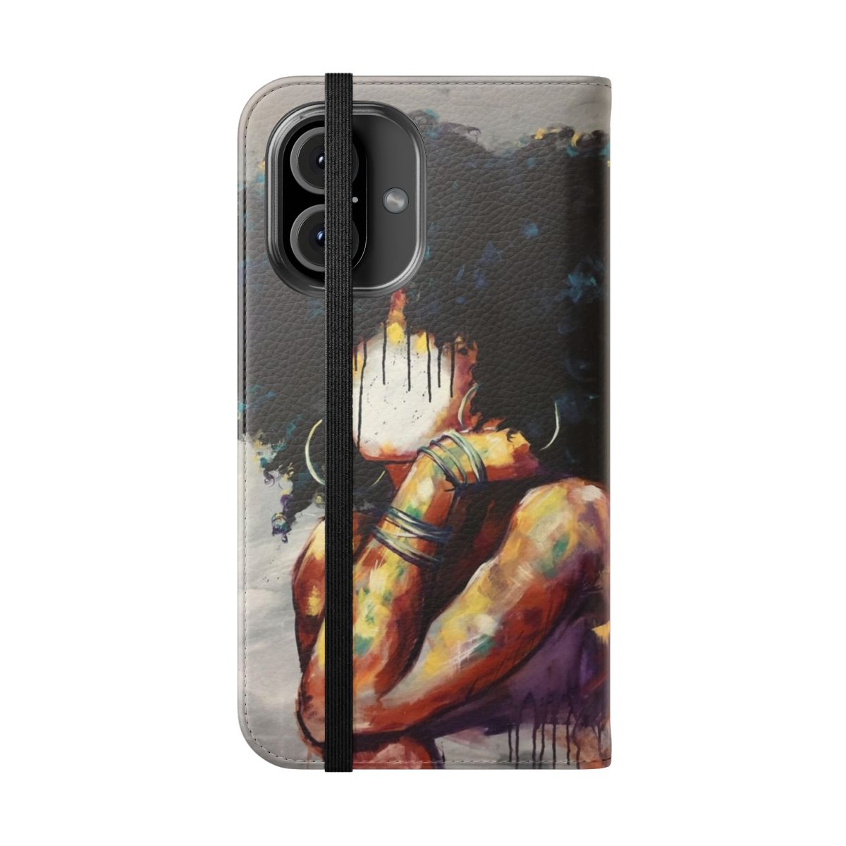 Naturally II Flip Cover Phone Case featuring a black artist's portrait design - Folded Front