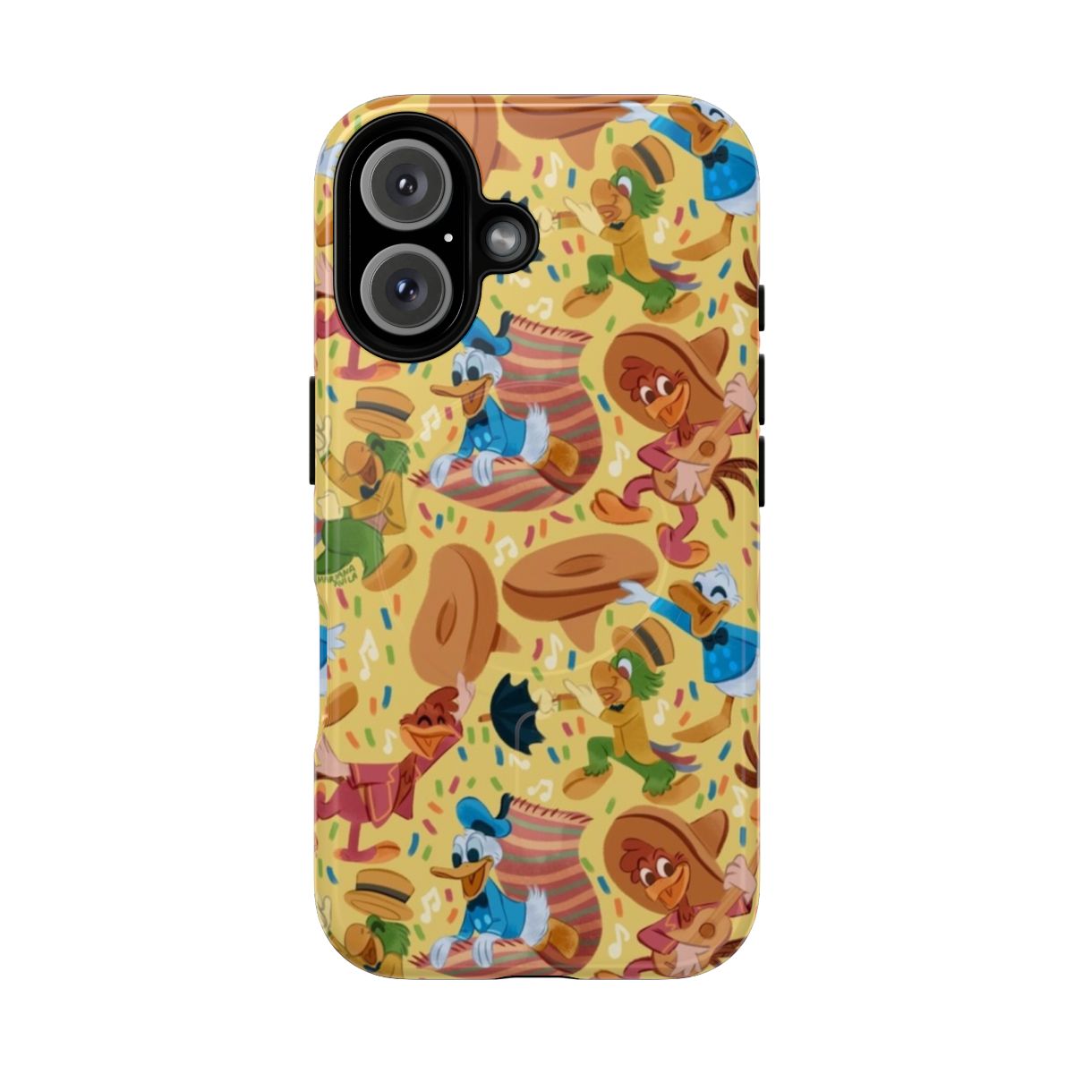 Colorful phone case with Mexican-inspired design featuring birds and zarape pattern