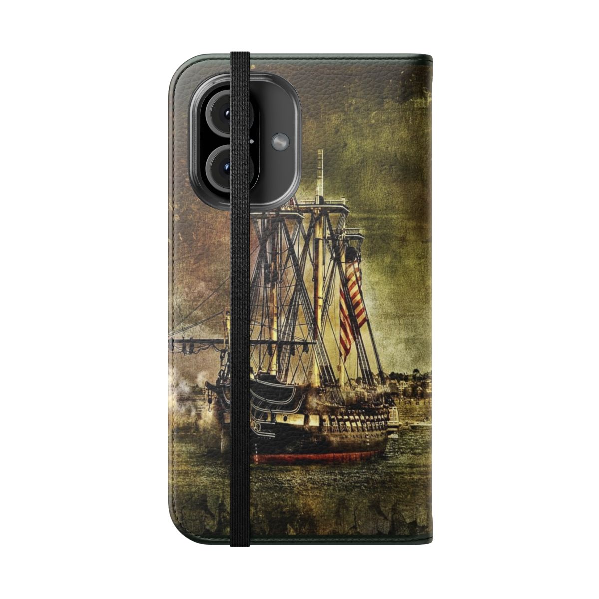 Vintage-style phone case with an image of the USS Constitution, a historic tall ship in Boston, Massachusetts. - Folded Front