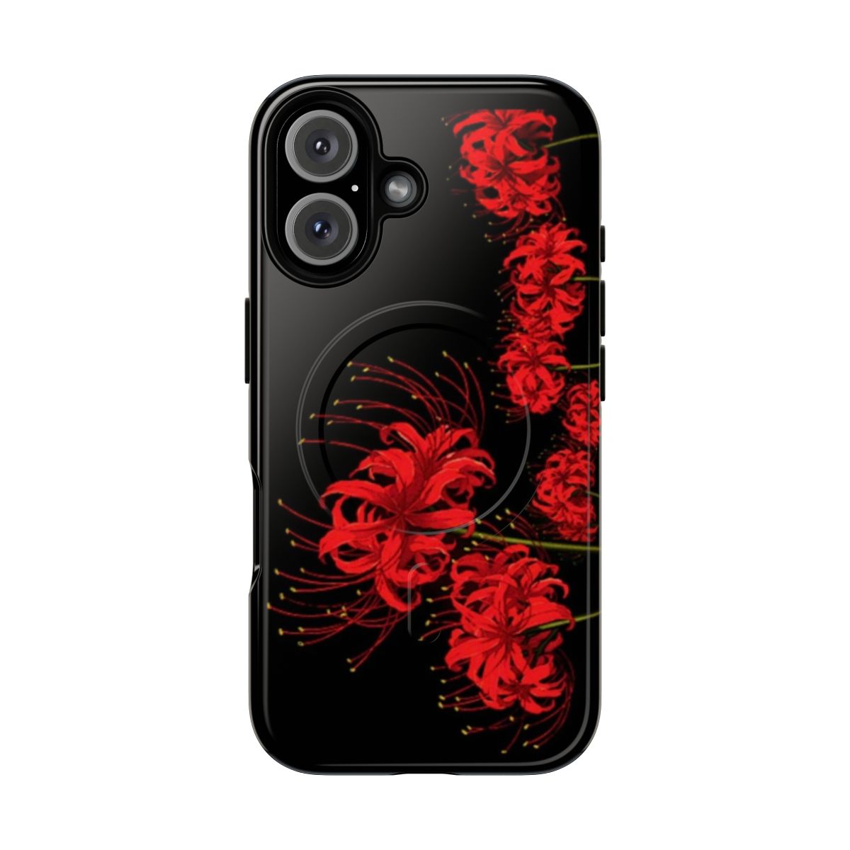 Magnetic tough phone case with a spider lily flower design on a black background