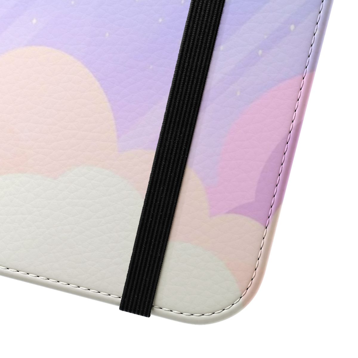 Pastel-colored phone case with a design featuring clouds, stars, and shooting stars in a dreamy, aesthetic style. - Close Up