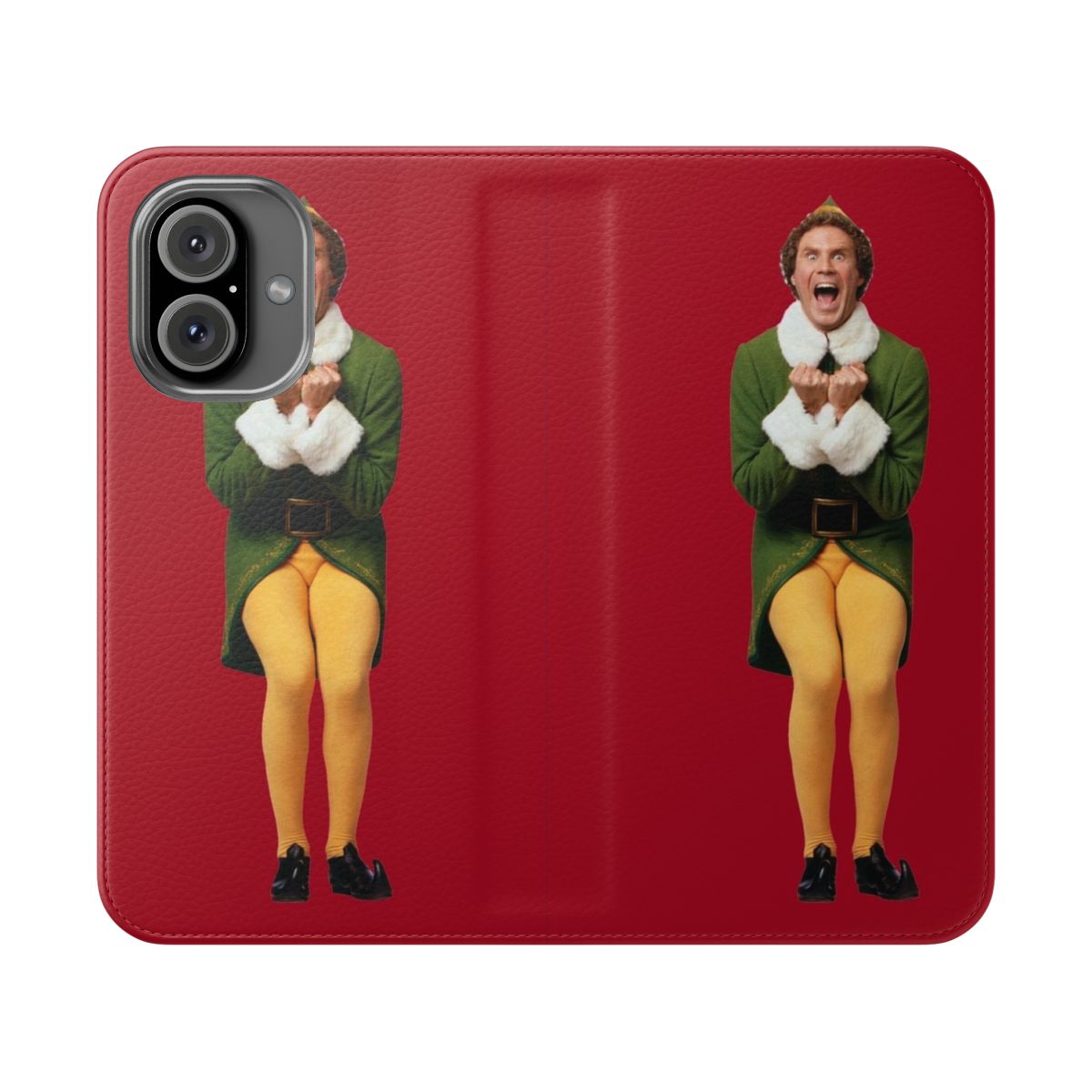 Flip cover phone case with "Buddy the Elf" inspired design and festive elements like Santa, candy canes, and "I know him!"