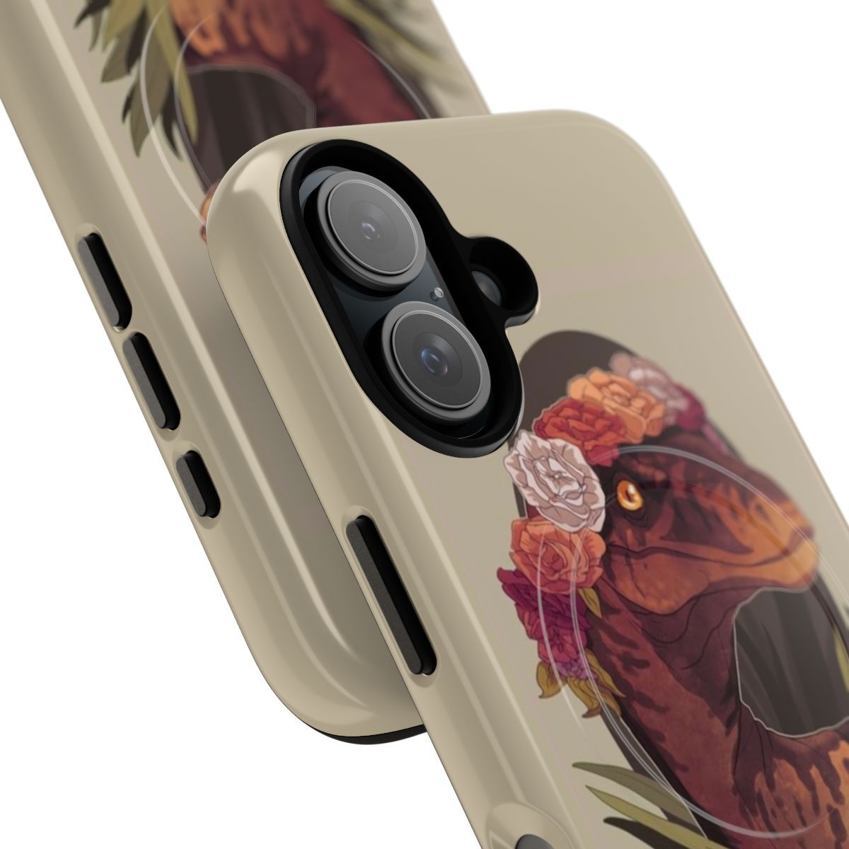 A closeup of a Clever Girl-inspired dinosaur-themed phone case with a flower crown design. - Detail