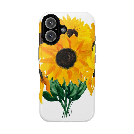 A colorful and vibrant phone case featuring a painted bouquet of sunflowers.