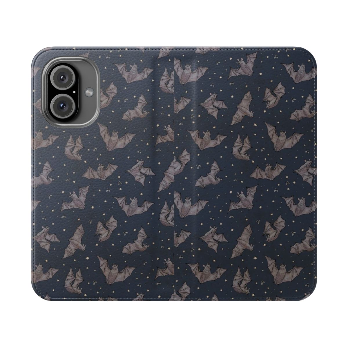 A flip phone case featuring a whimsical design of bats against a starry night sky