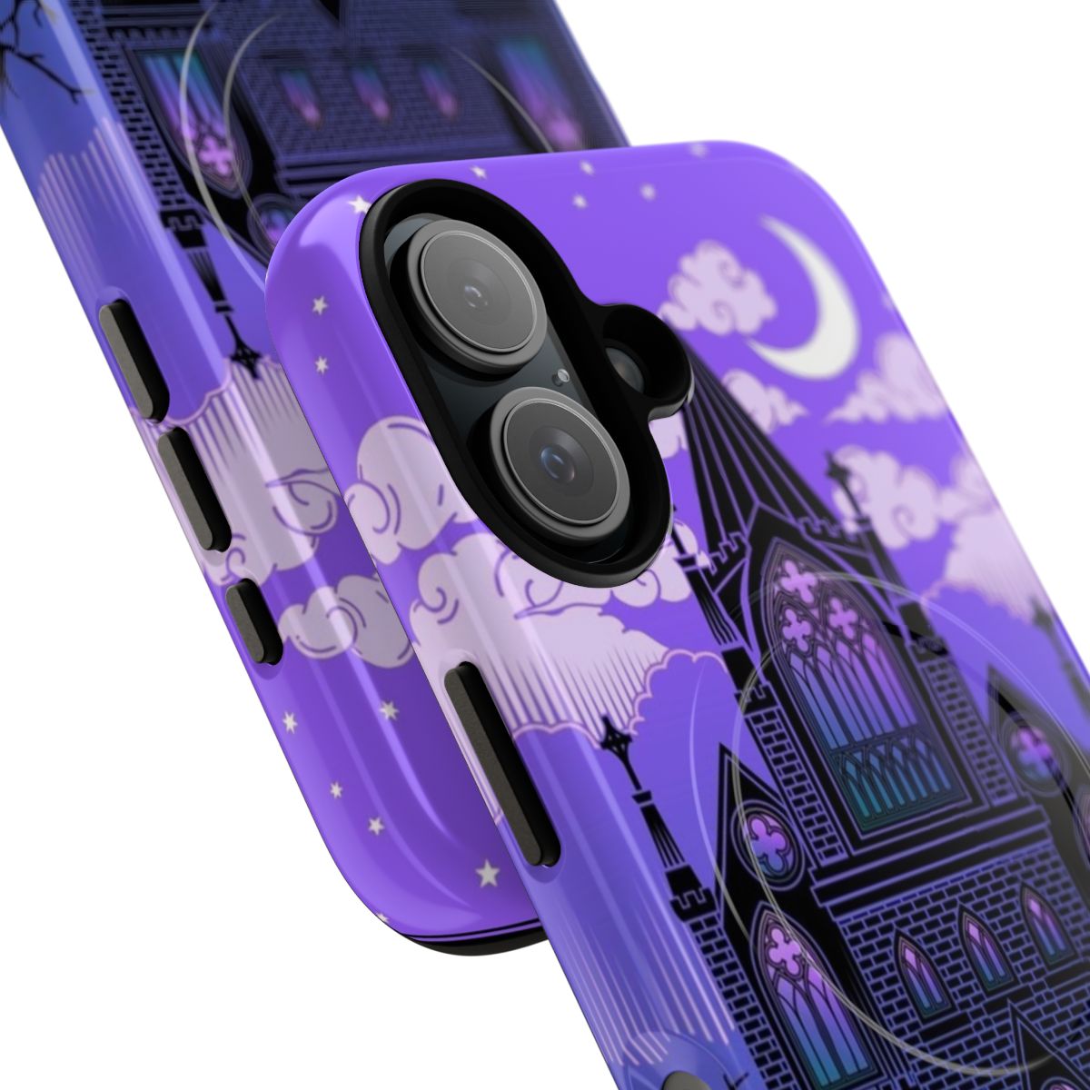 A phone case featuring a gothic church with a spooky, haunted atmosphere. - Detail