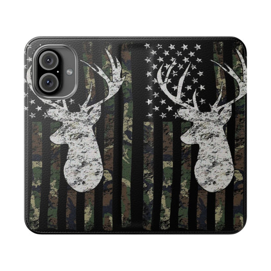 Camouflage phone case featuring a deer hunting design