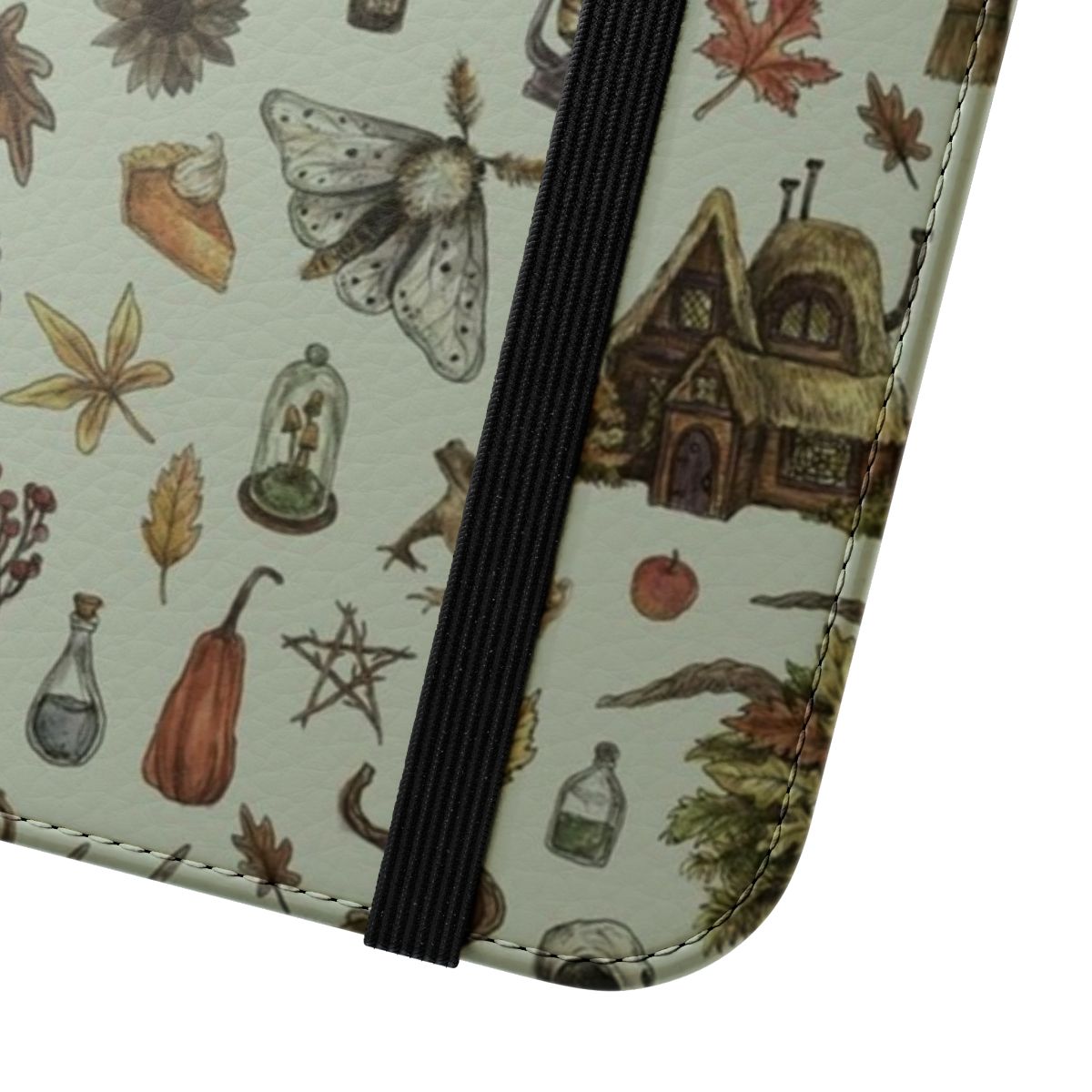 Green Crone Flip Cover Phone Case with Witchy Motifs - Close Up