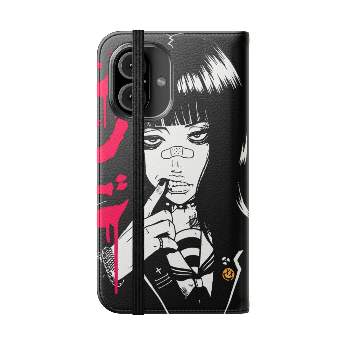 Vaporwave-inspired phone case with Japanese kanji, oni mask, and samurai warrior graphics - Folded Front