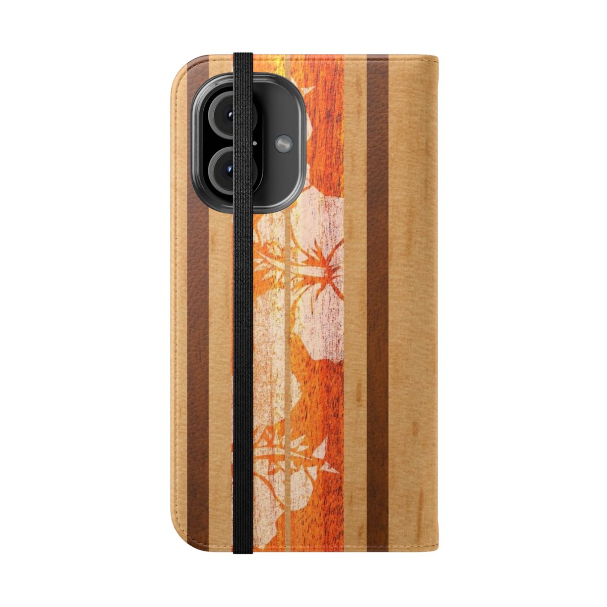 Orange flip cover phone case with faux wood surfboard design - Folded Front