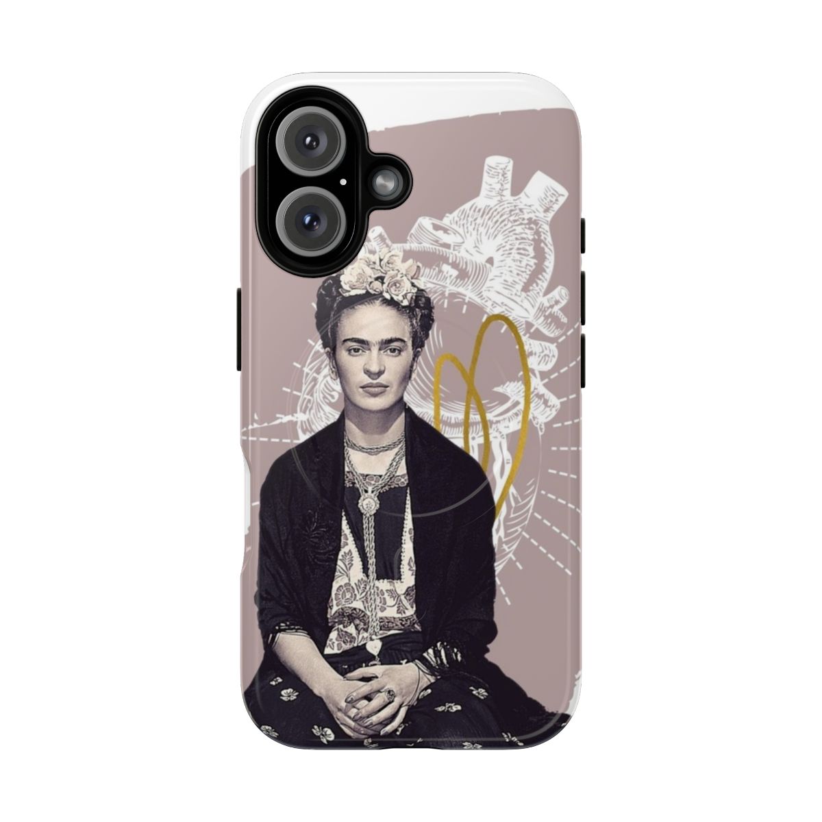 Artistic phone case featuring a black and white portrait of Frida Kahlo surrounded by colorful flowers