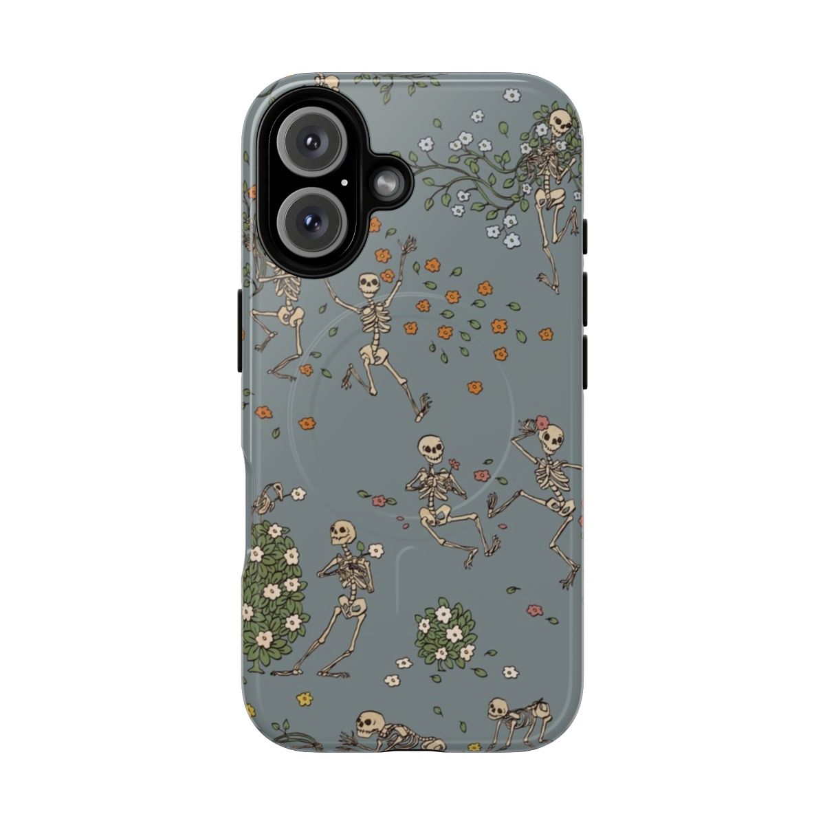 Spooky skeleton design with floral garland on a magnetic phone case