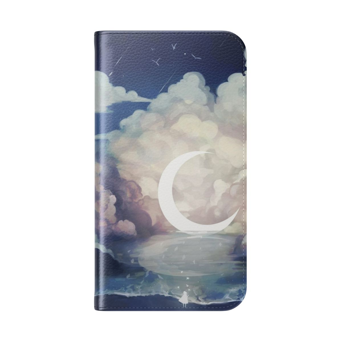 "Flip cover phone case with a night sky and moon landscape design" - Folded Back