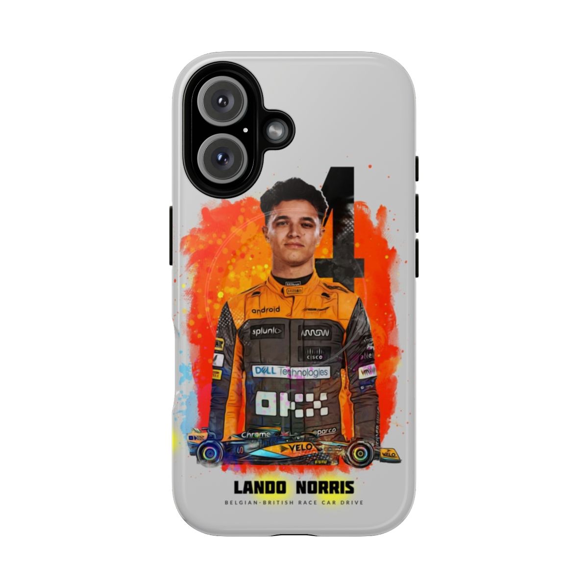 Durable phone case with Lando Norris-inspired design for Formula 1 motorsports enthusiasts