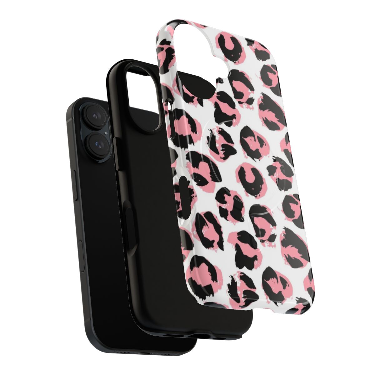 A pink leopard print phone case with a magnetic tough design - Layers