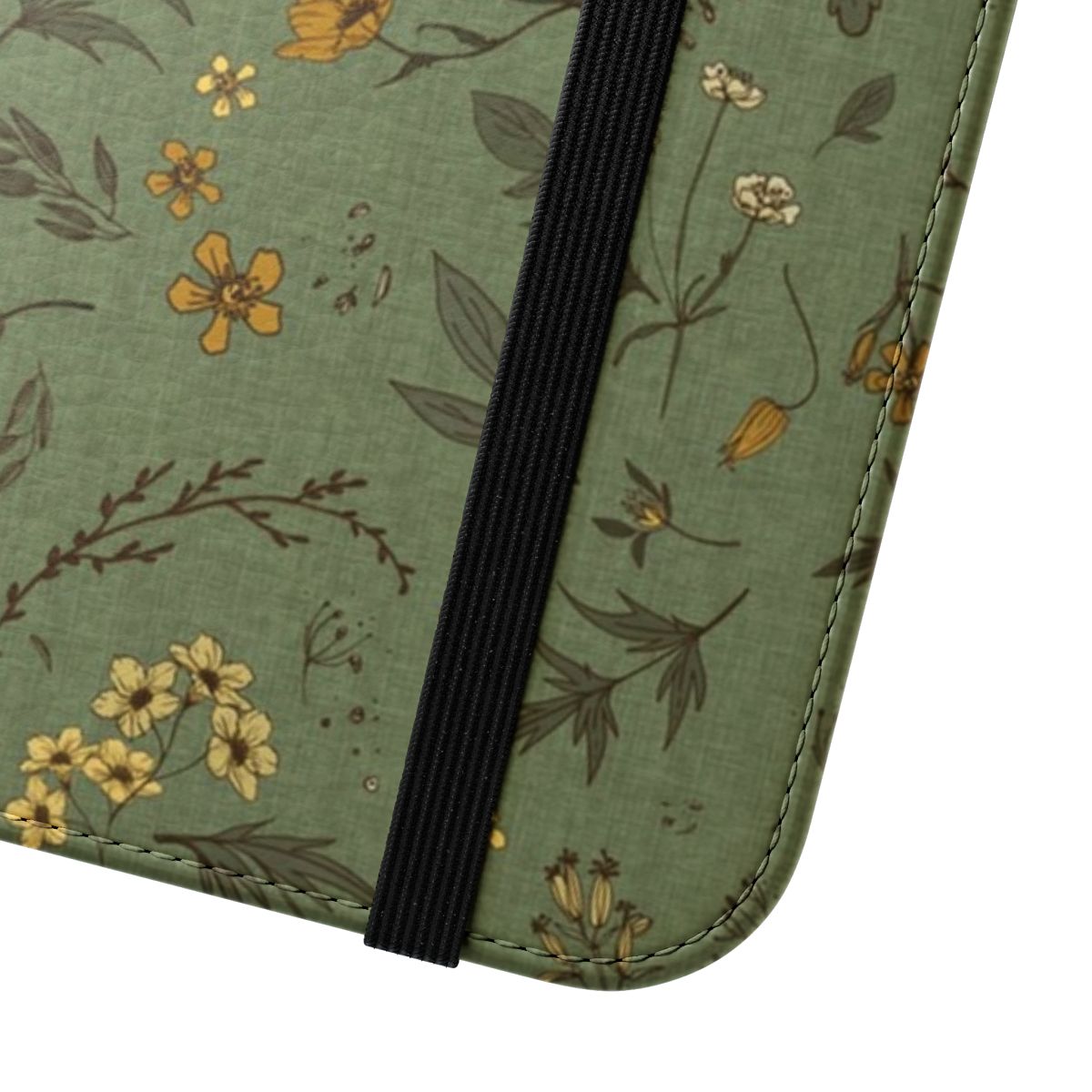 A green floral and botanical-inspired phone case with nature elements like leaves, flowers, and grass. - Close Up