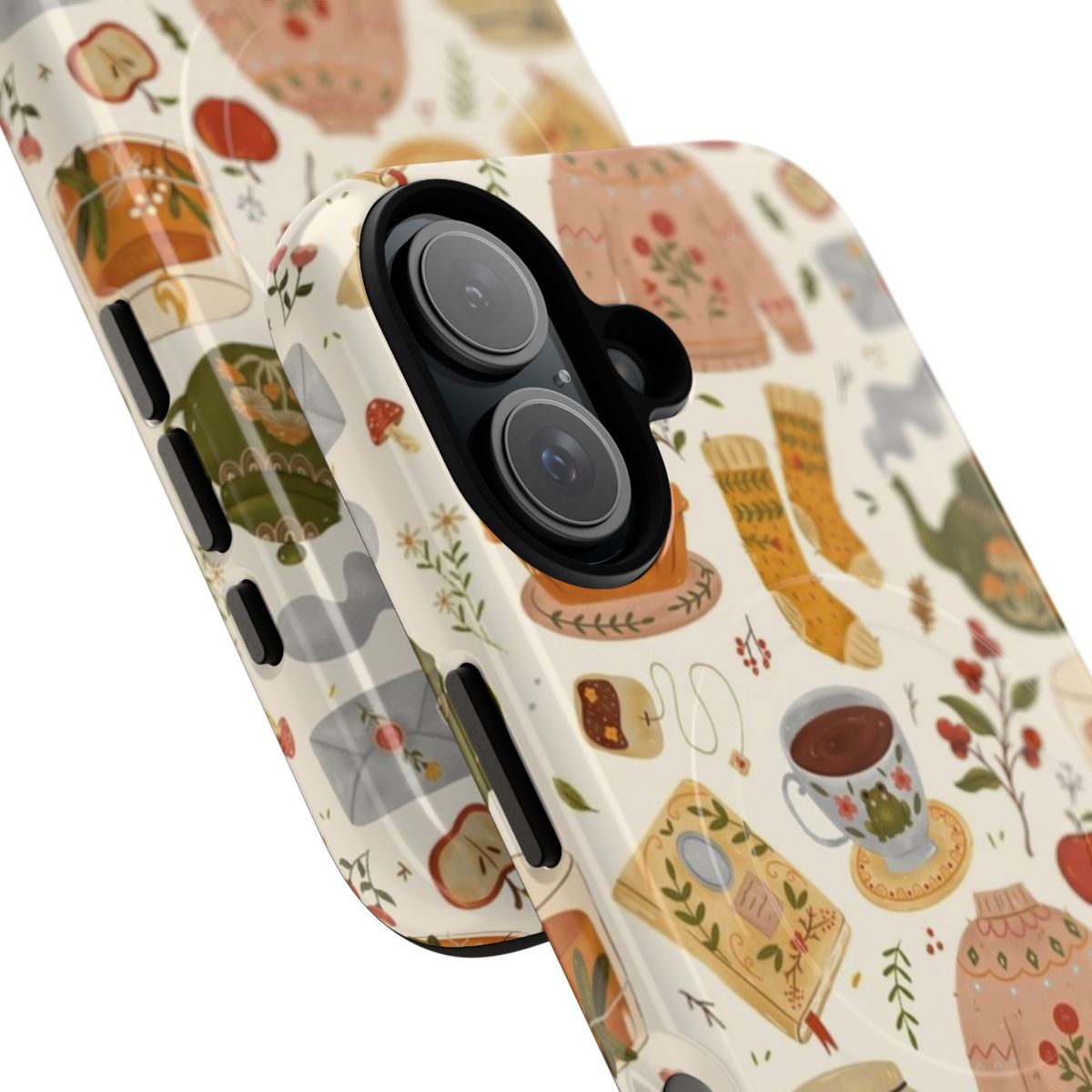 Cozy cottage pattern magnetic tough phone case with teapot, book, and floral designs - Detail