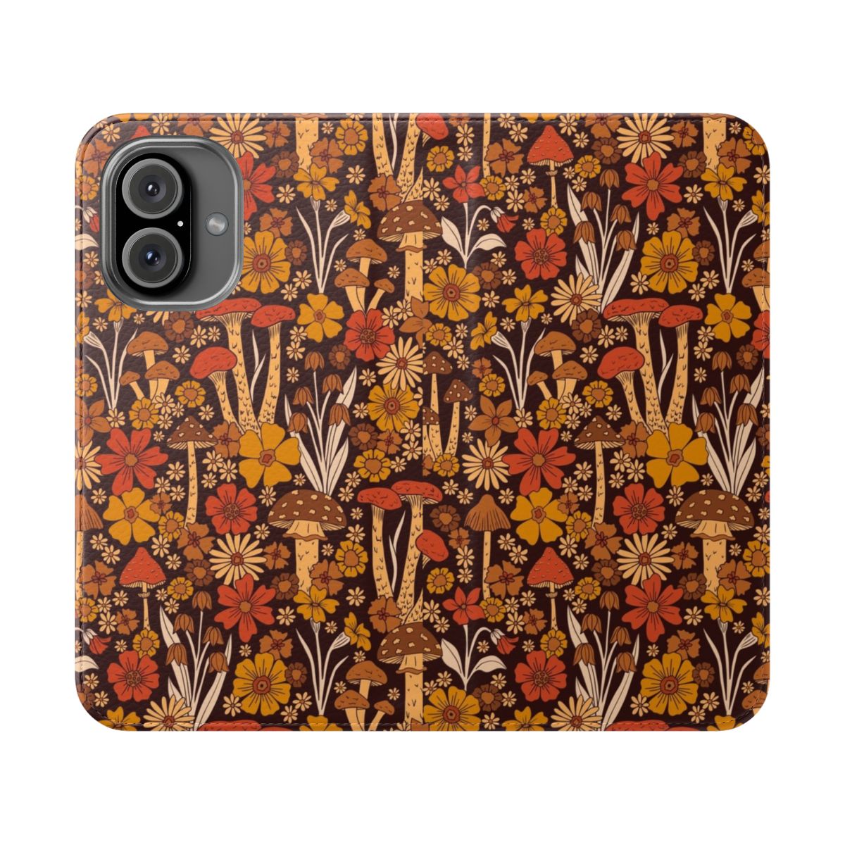 Retro 1970s-inspired flip phone case featuring colorful mushrooms and flowers in a psychedelic, vintage-inspired design.