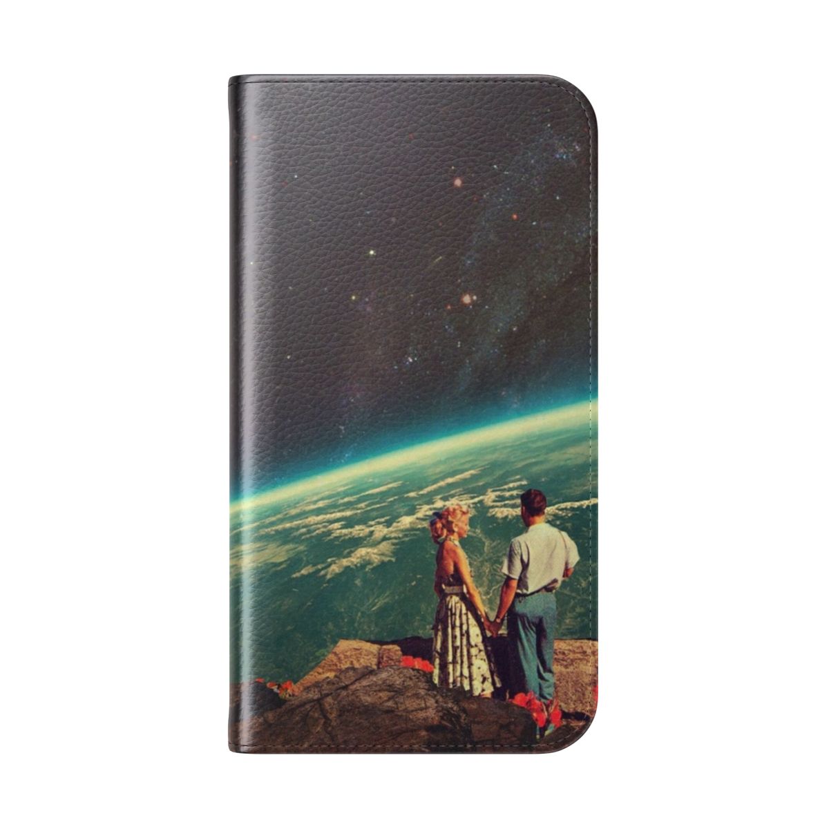 Vintage collage-style digital art phone case with space couple and stars - Folded Back