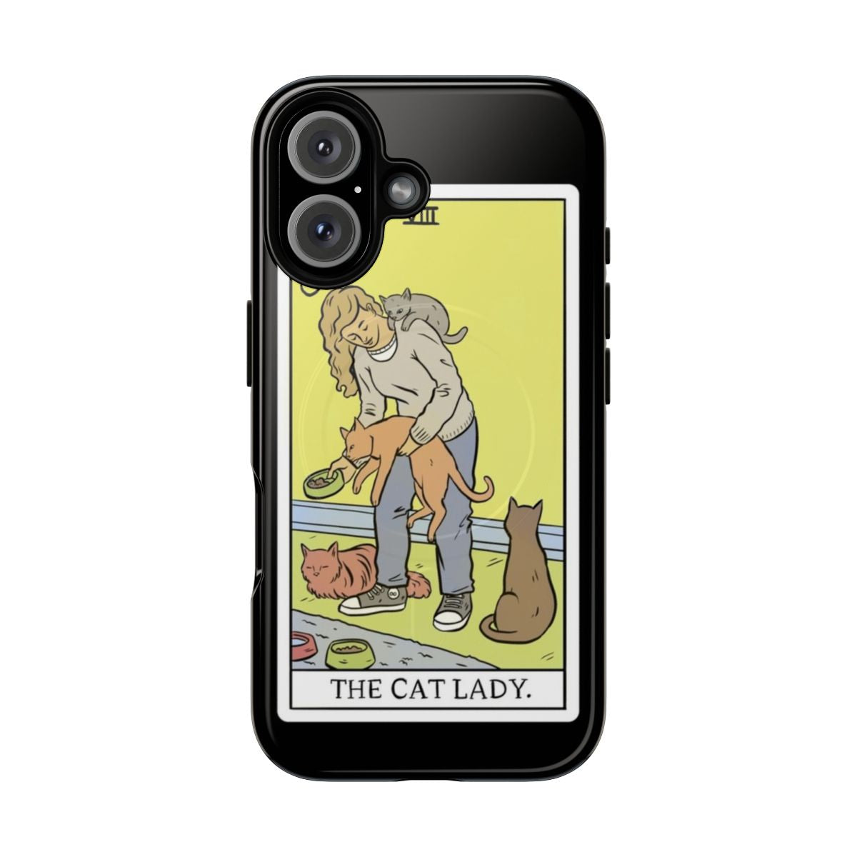 Unique tarot-inspired phone case featuring a playful cat design for cat lovers and believers in the occult.