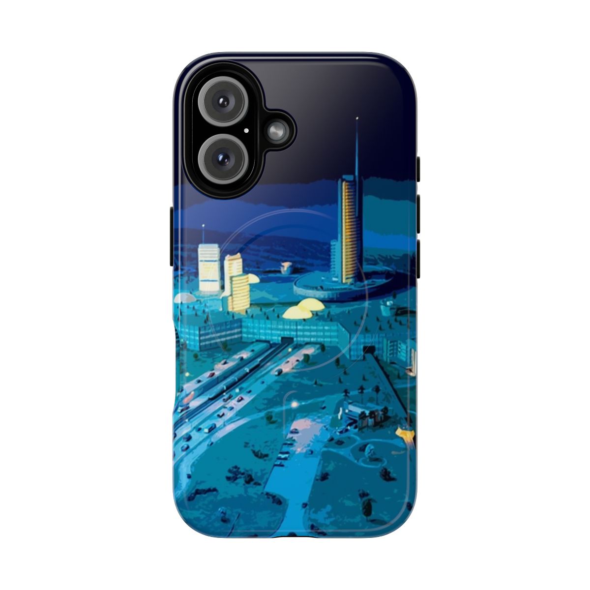 Futuristic and retro-inspired phone case featuring Disney World's Epcot and Progress City imagery