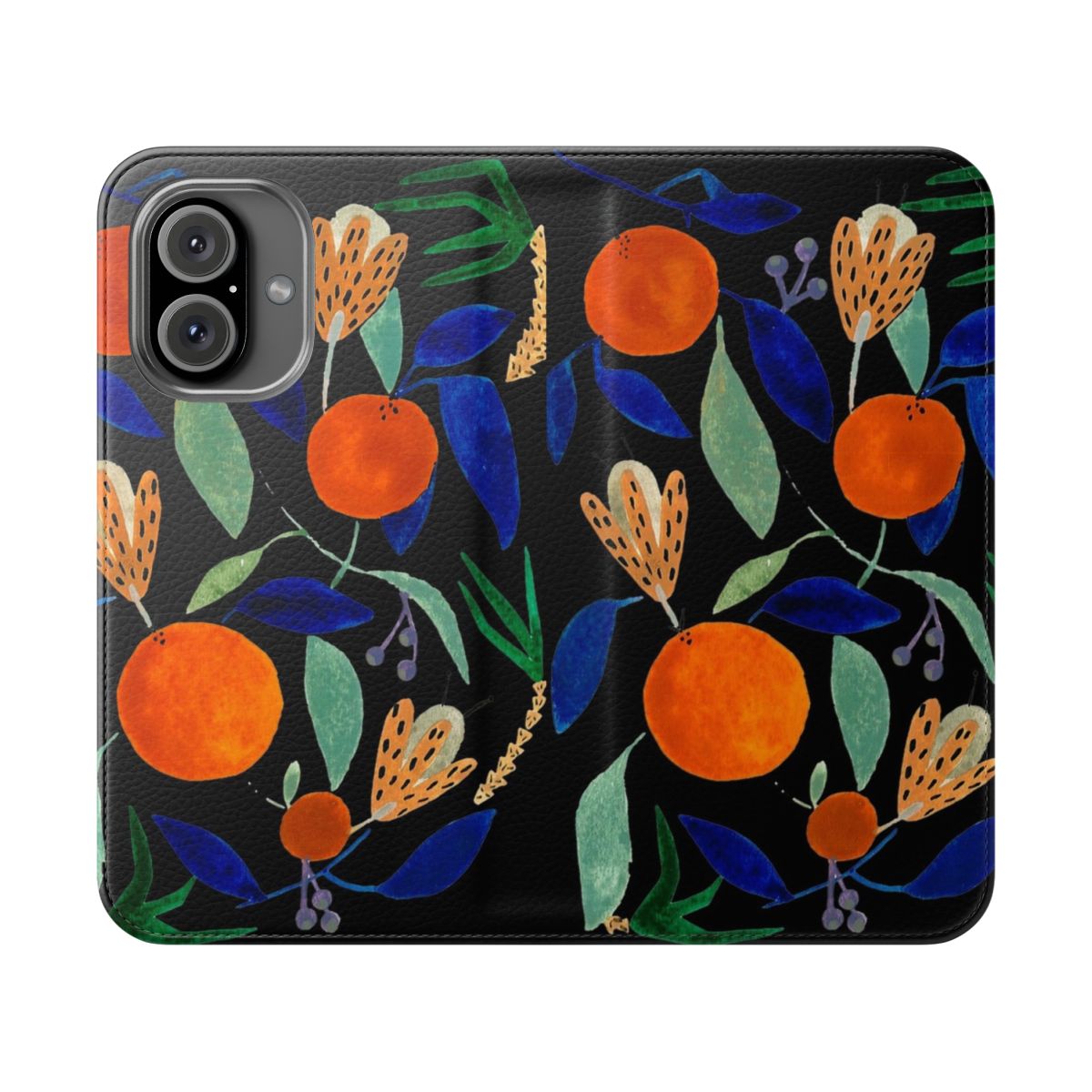 Closeup of an orange botanical pattern phone case with palm trees and flowers