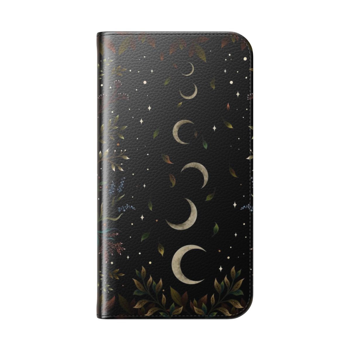 Crescent moon and autumn leaves printed on a flip cover phone case - Folded Back