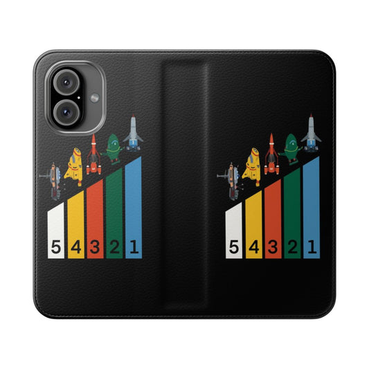 Thunderbirds inspired flip cover phone case with retro sci-fi design