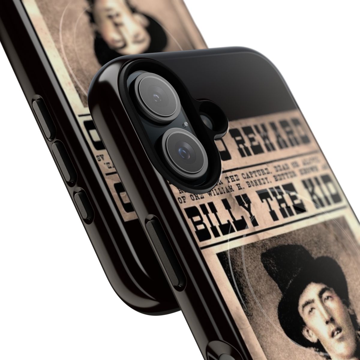 Vintage-style phone case featuring a 'Wanted' poster for outlaw William H. Bonney, also known as Billy the Kid. - Detail