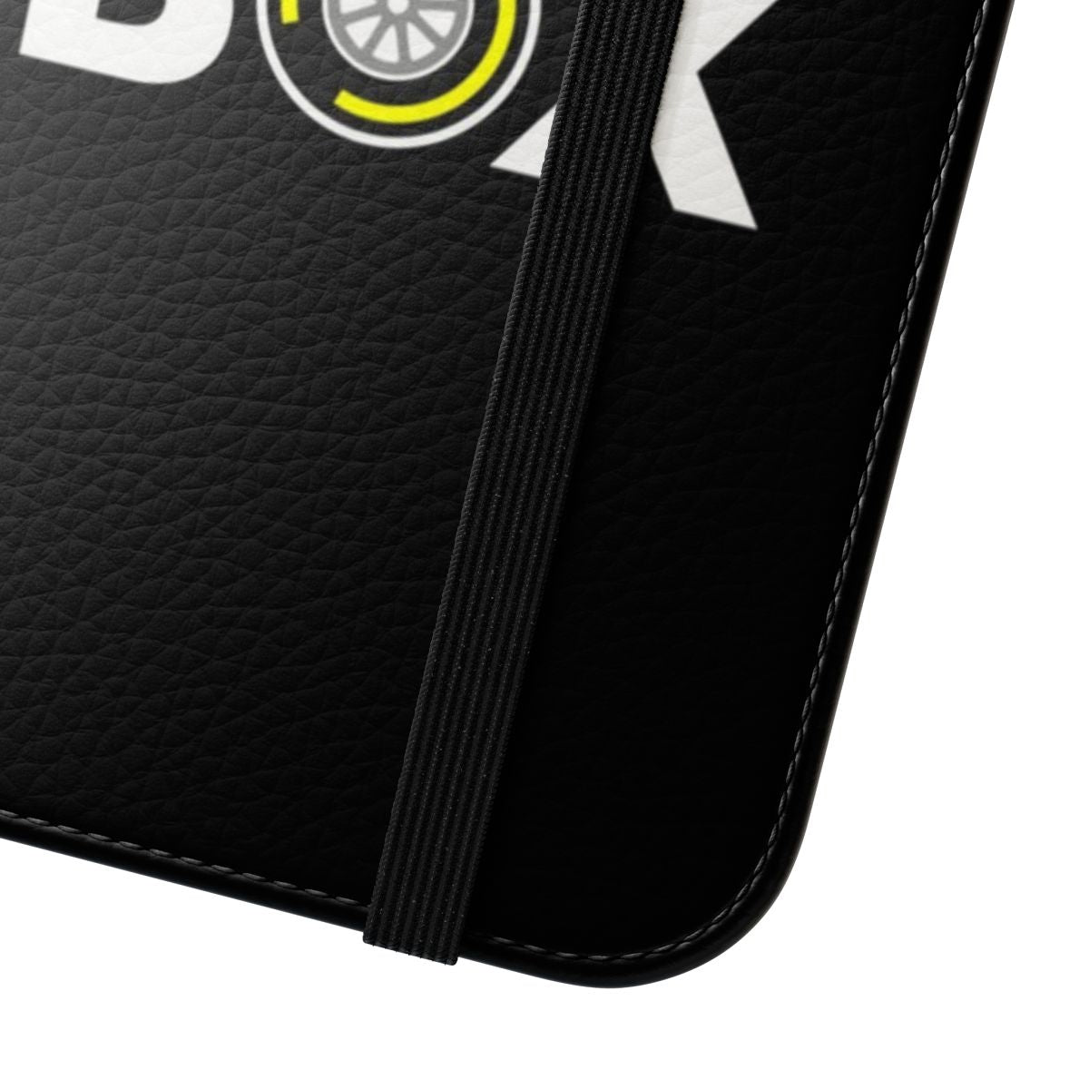 Sleek flip cover phone case with a bold tire compound design inspired by Formula 1 racing - Close Up