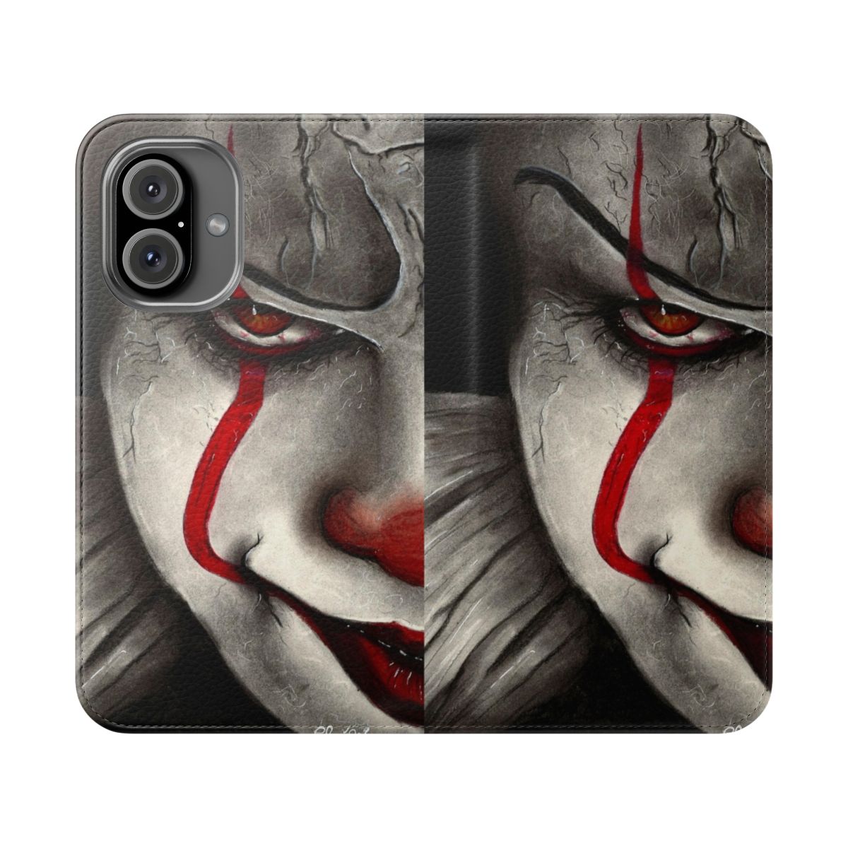 A black and white realistic portrait of a creepy clown face with a balloon, perfect for a Halloween-themed phone case.