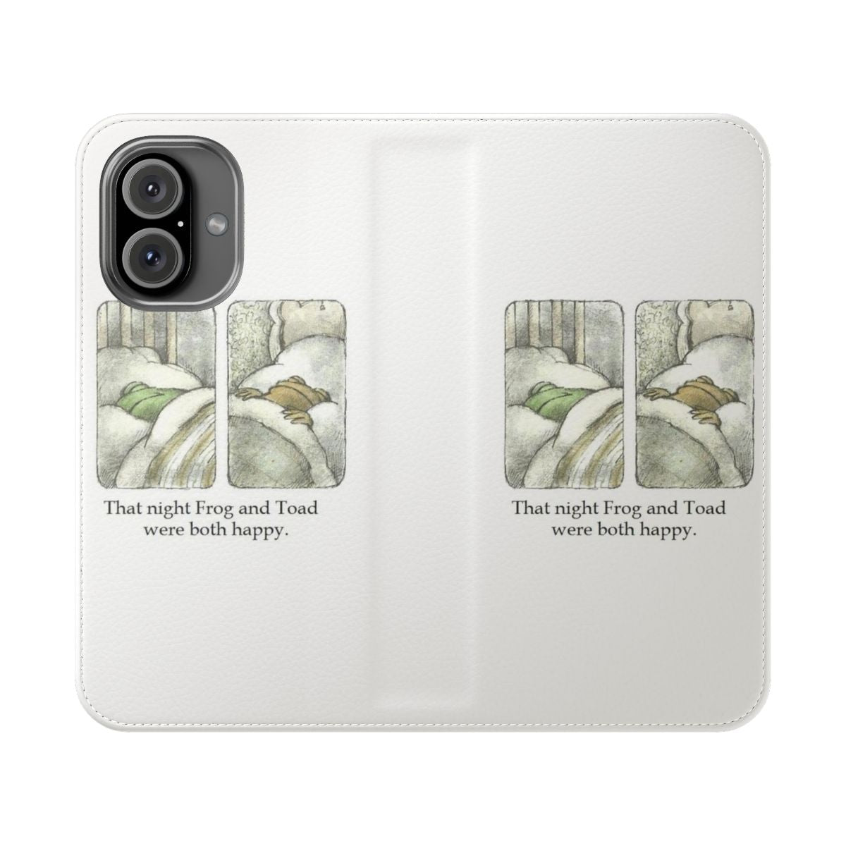 Flip cover phone case featuring artwork of happy frog and toad characters