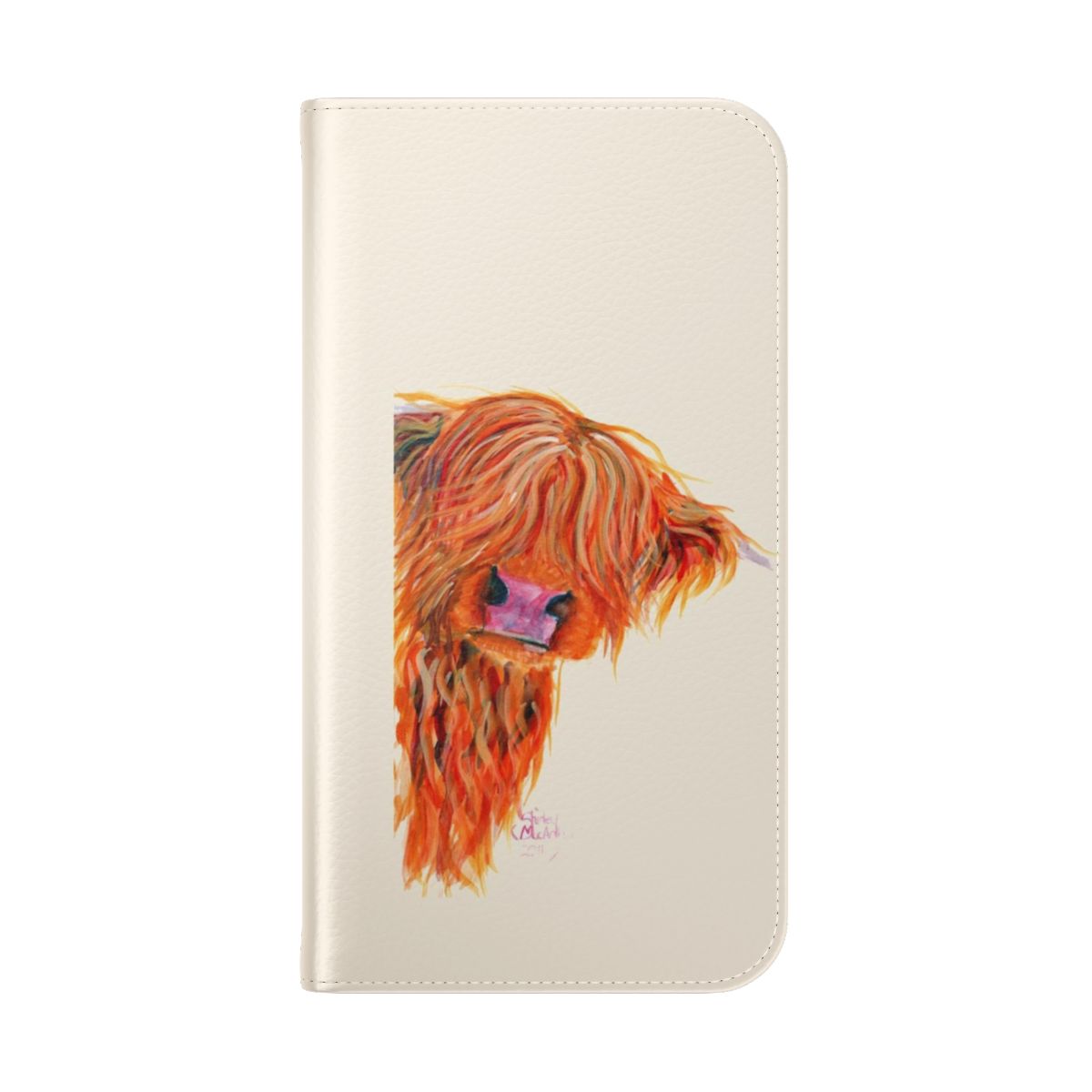 Vibrant illustration of a curious, ginger-haired highland cow peeking out from a flip phone case design - Folded Back